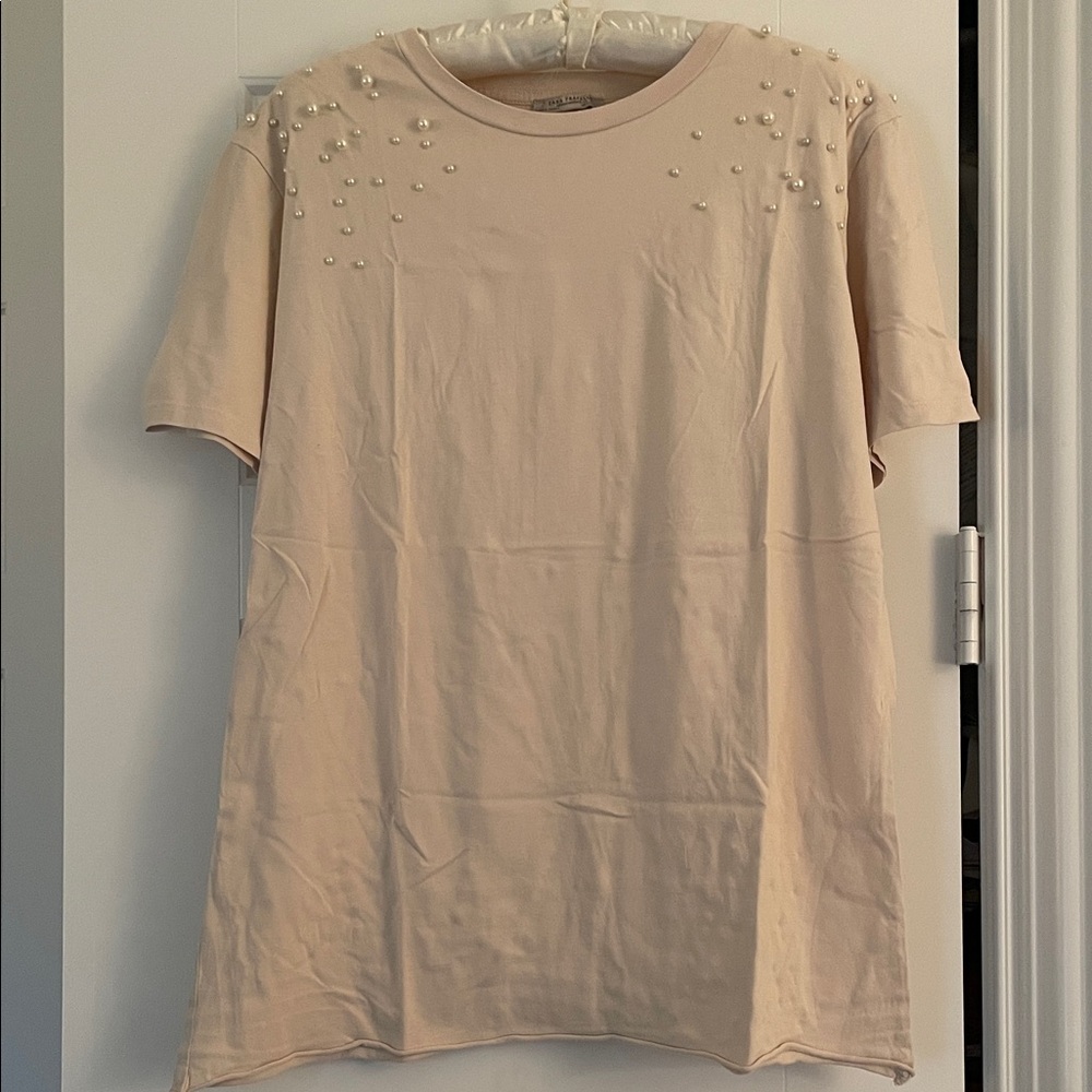 Zara Cream Pearl Embellished Short Sleeve Top